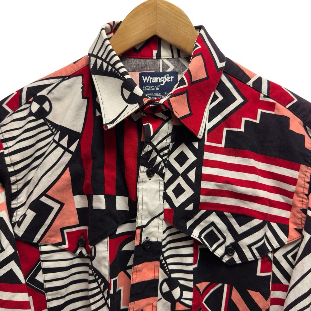 Vtg Wrangler Men's 16/34 Cowboy Cut Aztec X-Long Tail Red Brushpopper Shirt USA
